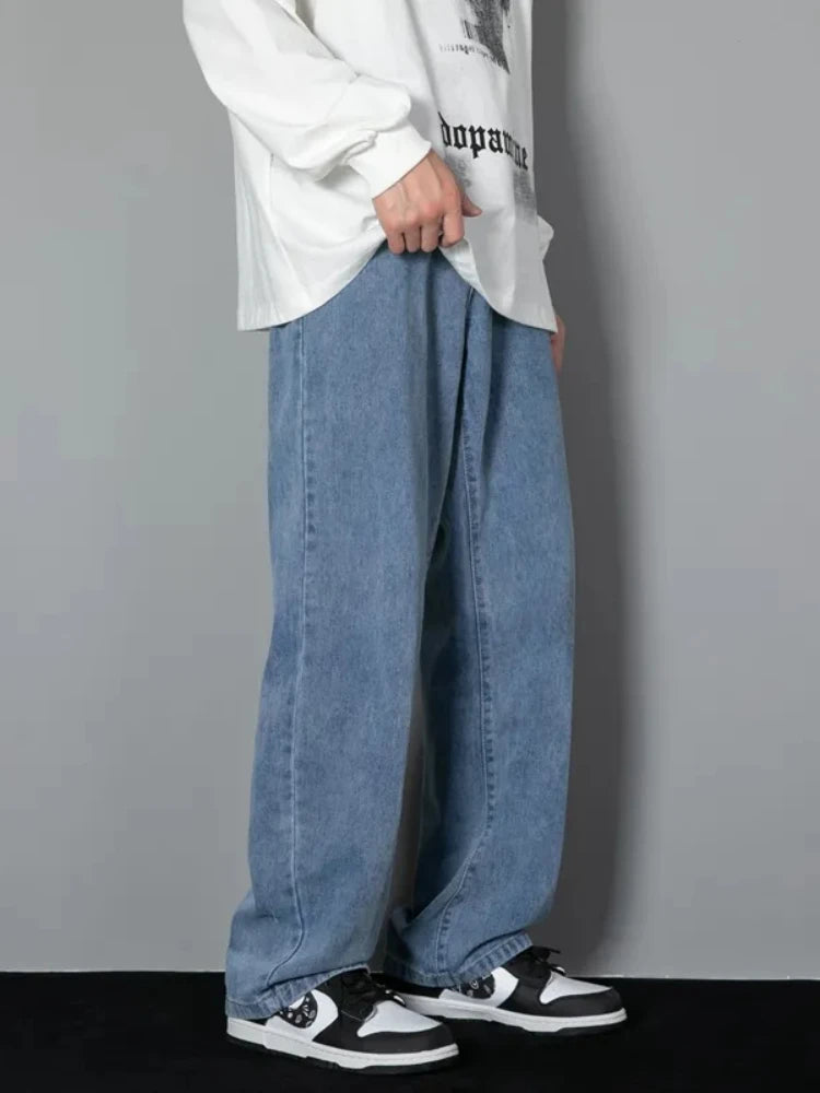 New Men's Fashion Jeans Korean Style Solid Color Loose Straight Wide Leg Casual Denim Long Pants Classic Style Male