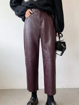 Fall Winter PU Leather Pants Women Elegant High Waist Pockets Faux Leather Harem Pant Female Back Elastic Waist Trousers