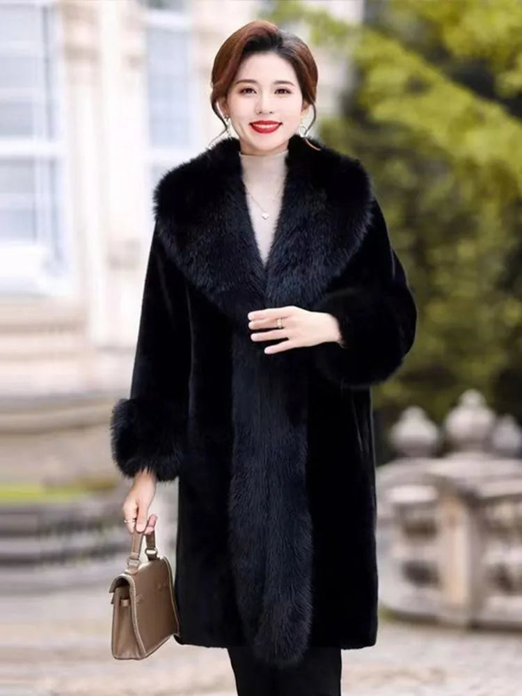 Faux Fur Coat Women Winter Fluffy Jacket Fox Fur Collar Fashion Artificial Mink Plush Medium Length Coat Elegant Furry Overcoat