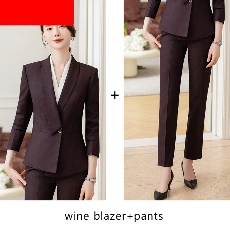 Formal Work Pants Suits Women New Korean Office Ladies Solid Slim Long Sleeve Blazer Pencil Pants Two Piece Set