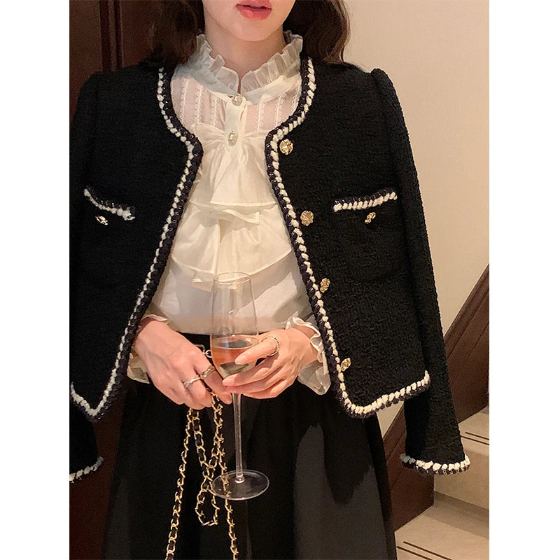 Vintage Cropped Tweed Jackets Women Elegant Black Thicken Coat Korean Single Breasted Blazer Casual Warm Short Outerwear Tops