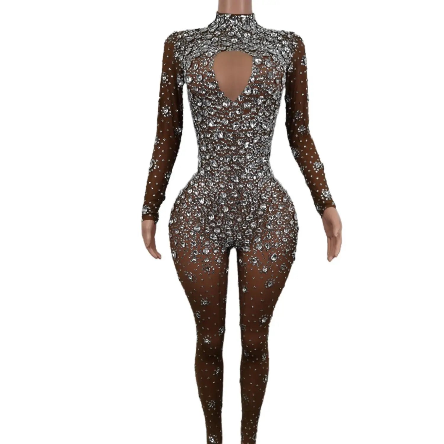 Sexy High-end Gorgeous Perspective Rhinestone Jumpsuit Long-sleeved Tights Nightclub Singer DJ Stage Performance Clothes Cuican