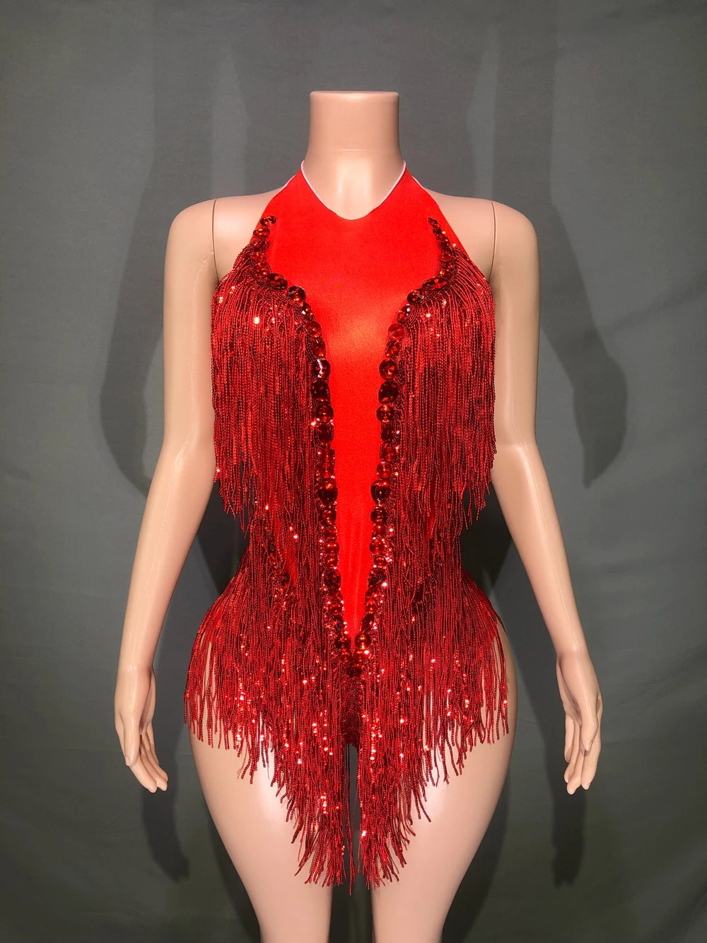 Sparkly Rhinestones Sequins Fringes Leotard Sexy Tassel Bodysuit One-piece Dance Costume Dancer Performance Show Stage Wear