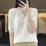 Fashion short half sleeve cashmere women's sweater 100% pure merino wool round neck pullover T-shirt