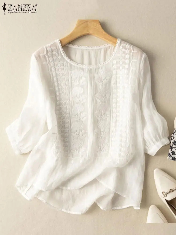 Summer Floral Embroidery Blouse Woman O-Neck Cotton Button Tunic Tops Fashion Puff Sleeve Shirt Elegant Holiday Chemise