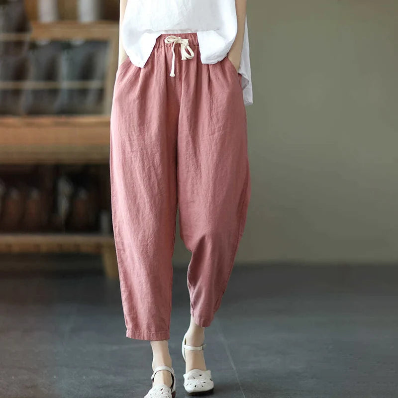 Rimocy Summer Casual Cotton Linen Pants Women Retro Pockets Loose Harem Pants Woman Solid Elastic Waist Trousers Female