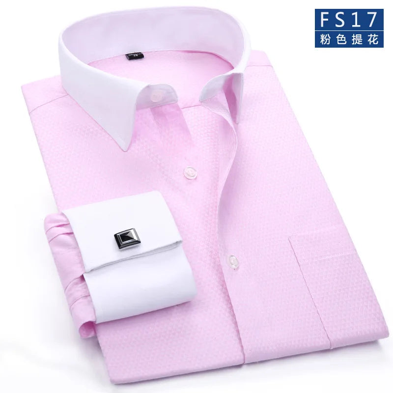 Men's Classic French Cuffs Social Dress Shirt Formal Business Standard-fit Long Sleeve Wedding Party Office Work White Shirts