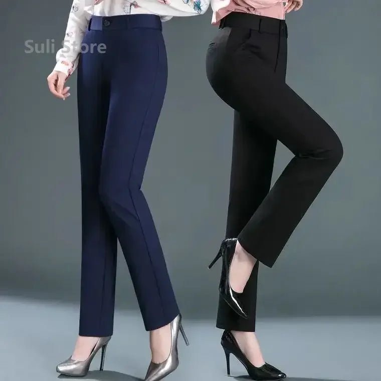 Spring Autumn Casual Button Elastic Mid Waist Black&Navy Blue Straight Trousers Office Lady Quick Drying Suit Pants Female