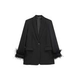 Willshela Women Fashion Satin Black With Feather Blazer Jacket Vintage Notched Neck Single Button Long Sleeves Female Outfits