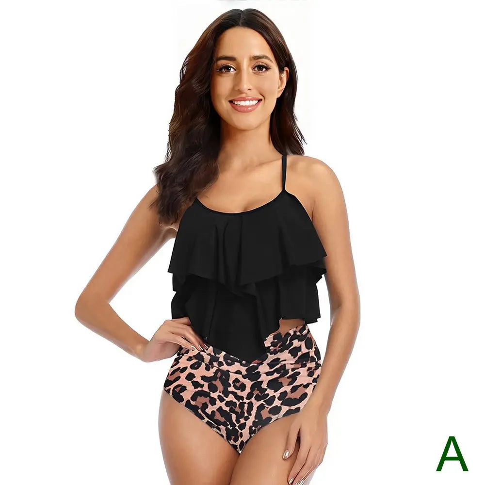 8 Colors Women Ruffled Tankini Set Padded Top With Adjustable Shoulder Straps Elastic Slim Knitted High Waisted Beachwear