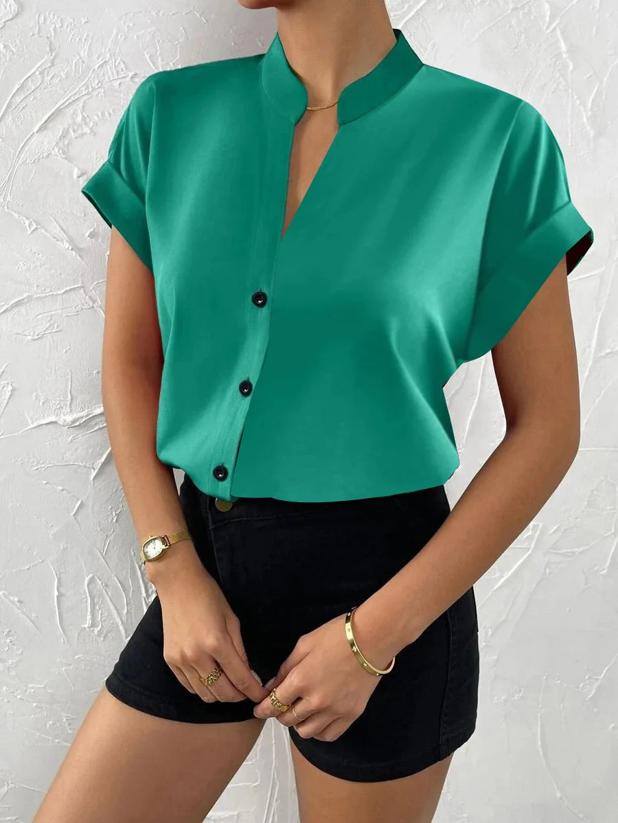 Summer Minimalist Women's V-neck Shirt Elegant Women's Satin Red Short Sleeved Single Breasted Casual Fitting Office Shirt