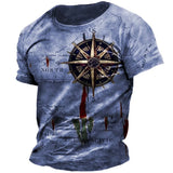 Vintage Men's T-shirt Summer American Shirt Tops Compass Printed Short-sleeve Tees Loose Daily Men Clothing Casual Streetwear