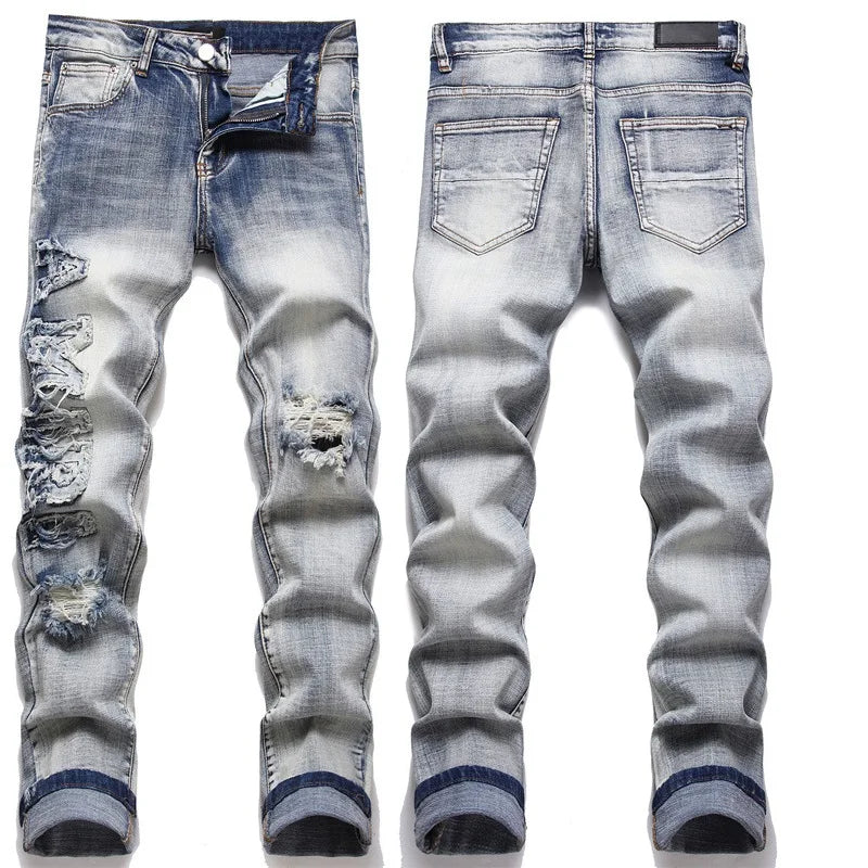 High Street Stretch Embroidery Men’s Jeans Ripped Streetwear Jeans Punk Style Pants for Man Slim Fashion Small Feet Men's Jeans