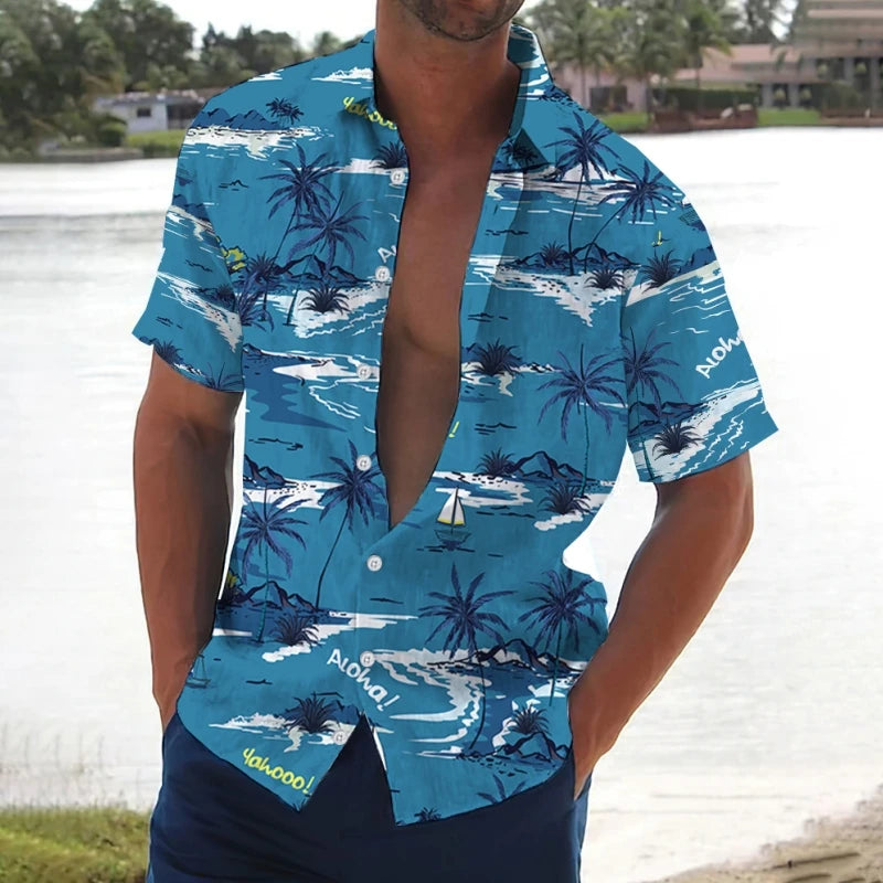 Retro Men's Shirt Coconut Tree Print Short Sleeve Shirts Beach Casual Man Clothing Loose Oversized Hawaiian Shirts For Men