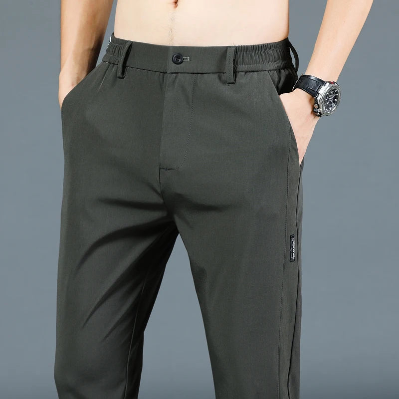 Summer New Thin Ice Silk Stretch Men's Pants Casual Elastic Waist Smooth Trouser Pants Male Brand Clothing 5 Colour