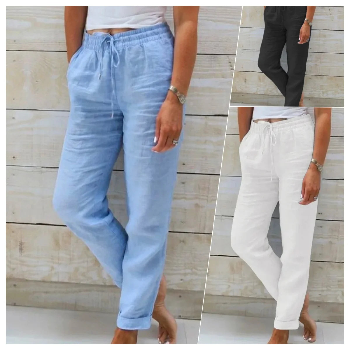 Cotton Linen Summer Pants for Women High Waist Elastic Casual Trousers Streetwear Solid Female Clothes Loose Pencil Pants