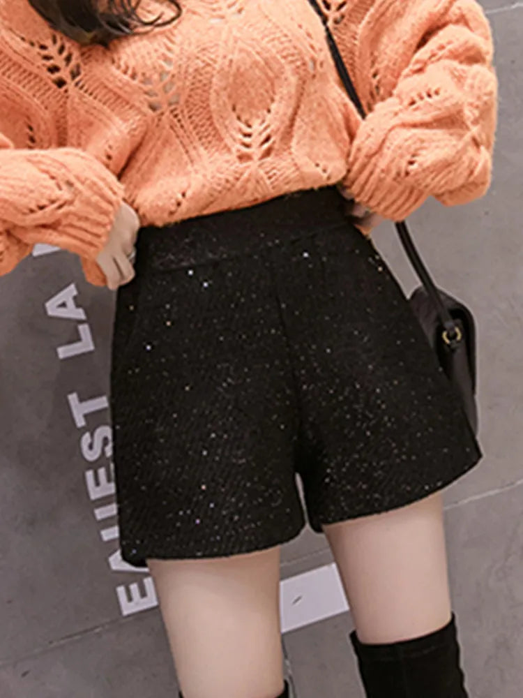 New Autumn Winter Versatile Elastic Waist Shiny Wide Leg Tweed Shorts Women's Small Fragrance Woolen Boots Pants