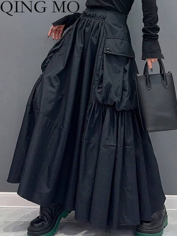 Spring Autumn New Large Hem Long Skirt Women Casual Fashion Loose Trendy Large Size Black Skirt