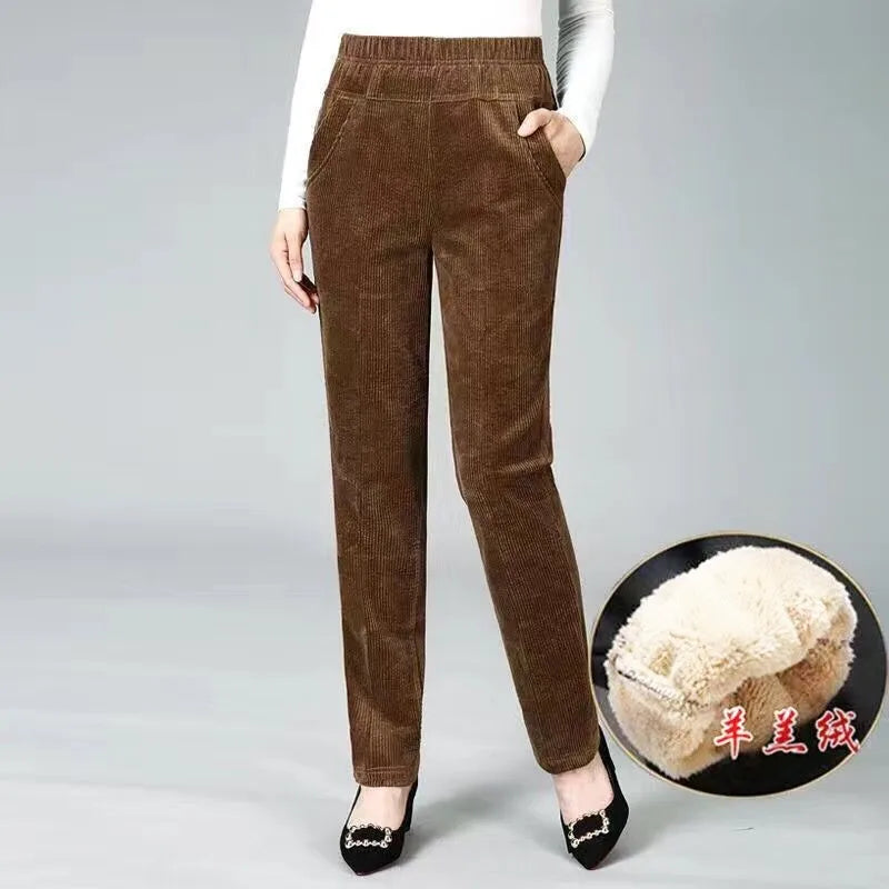 Thin & Plush Thick Casual Pants Fleece Pencil Pants Women's Corduroy Warm High Waist Pants Autumn Winter Leggings Pants Trousers