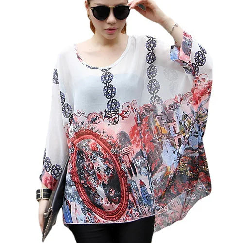 4XL 5XL 6XL Plus Size Blouse Shirt Women New Striped Print Summer Tops Tees Batwing Sleeve Casual Chiffon Blouses