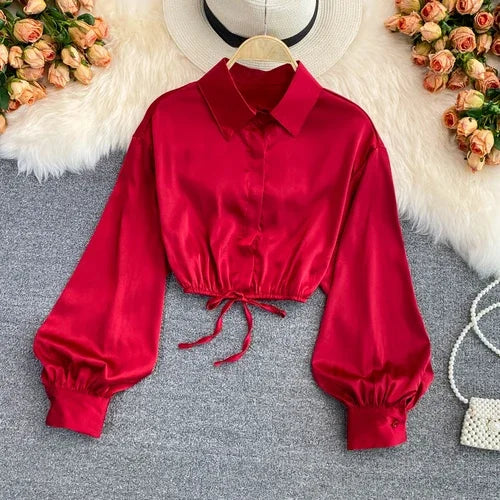 tops woman blouse polo shirts satin long sleeve women blouse female shirt harajuku sexy pleated tee