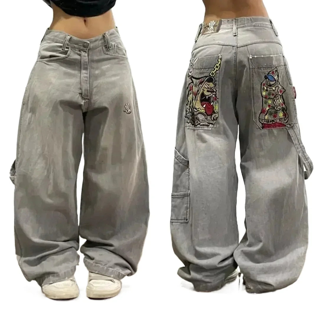 American Hip Hop Retro Gothic Print Jeans Women Y2K New Street Selling Fashion Loose Straight Wide Leg Pants Unisex Joker Jeans