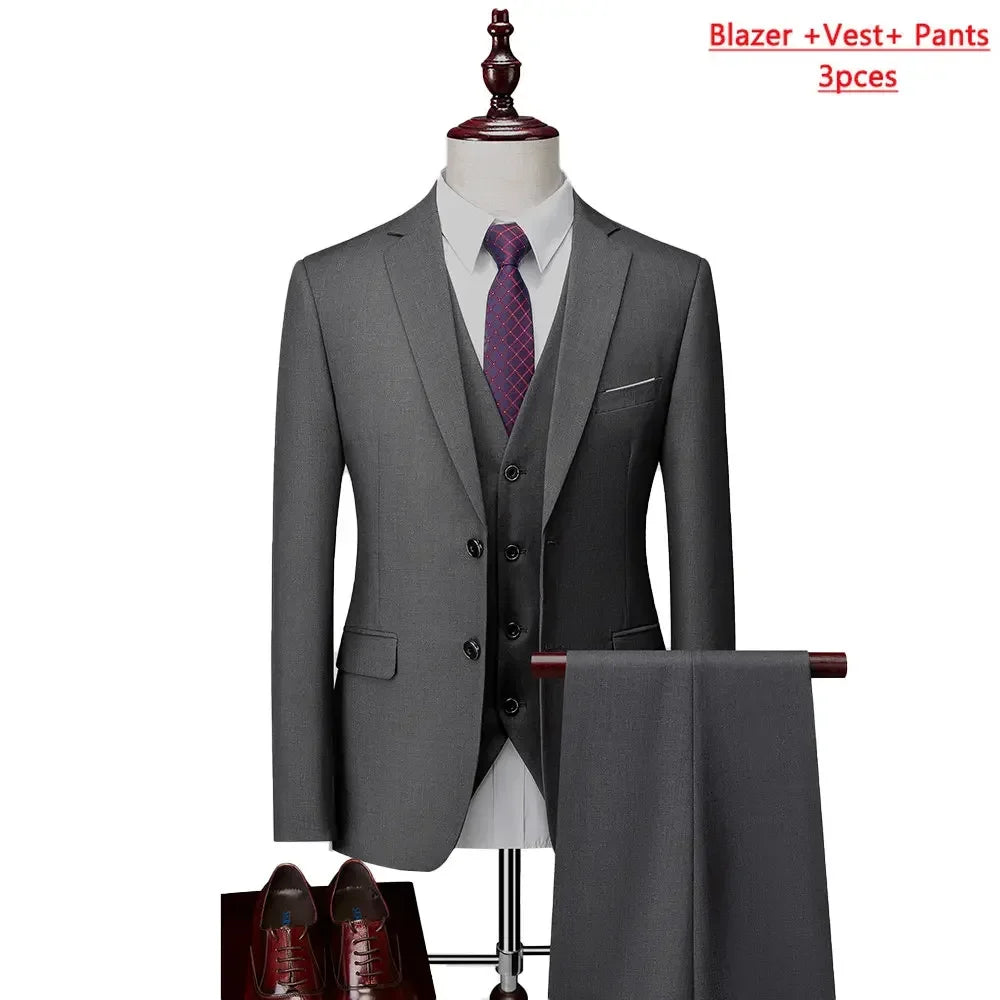 ( Jacket + Vest+Pants ) High-end Brand Formal Business Mens Suit Three-piece Groom Wedding Dress Solid Color Suit