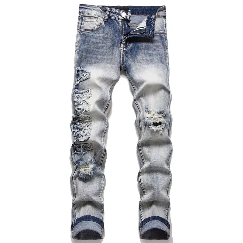 Slim Fit Four Season Patchwork Cotton Elastic Embroidered Leather Label With Perforated Print Fashionable Men's Jeans