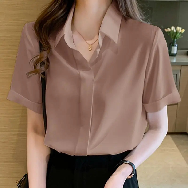 Women Summer Blouses Elegant Solid Shirts  Casual Lapel Short Sleeve Office Lady Work Blusas Female OL Tunic Chemise