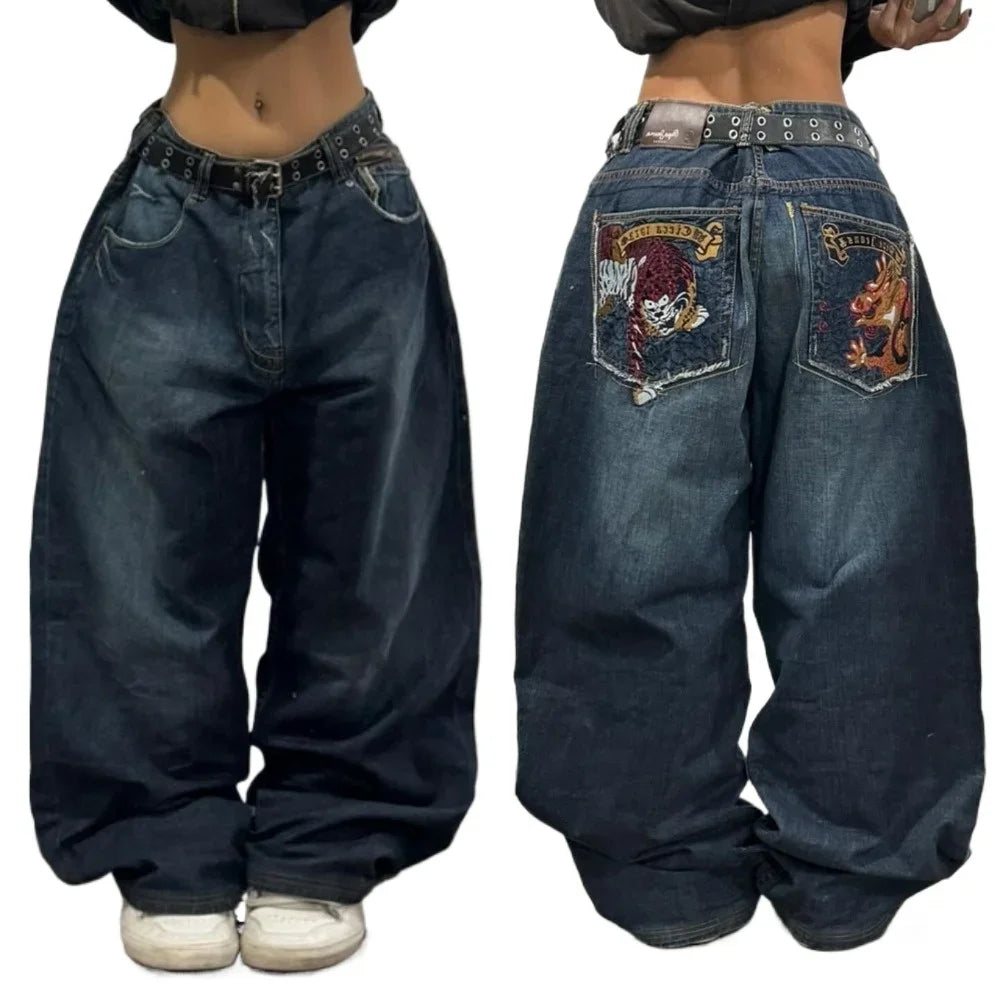 New American Trend Retro Hip-hop Embroidery Pattern Baggy Jeans For Men And Women Y2K Harajuku Gothic Wide Pants Streetwear