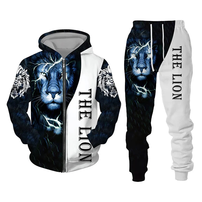 Autumn and Winter Men's Tracksuit 3D The Lion Print Zipper Hoodies Sweatshirts Pants Sets Casual Mens Clothing Women's Tracksuit