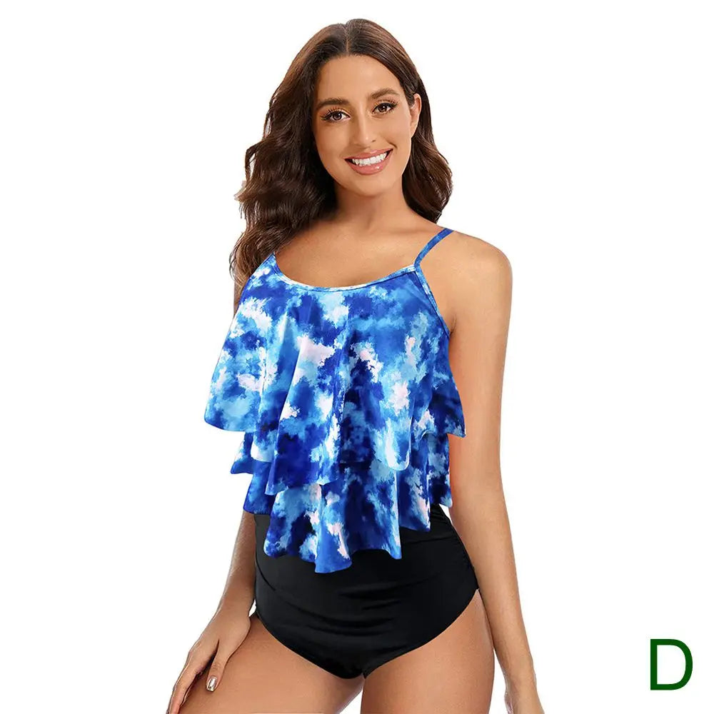 8 Colors Women Ruffled Tankini Set Padded Top With Adjustable Shoulder Straps Elastic Slim Knitted High Waisted Beachwear