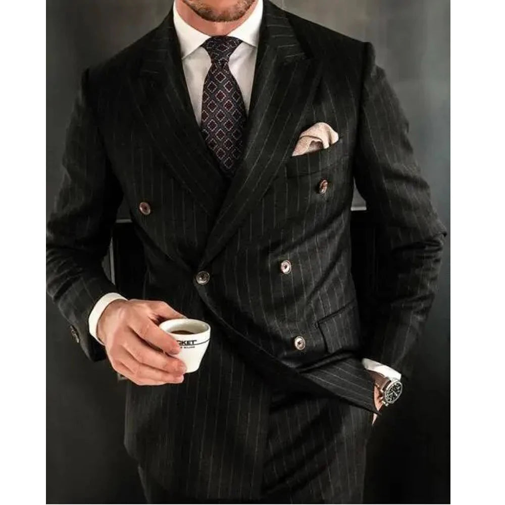 Striped Men Suits Fashion Slim Fit 2 Pieces Blazer Pants Double Breasted Classic Fit Outfits For Wedding Groom