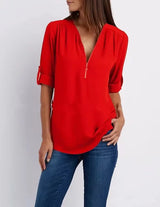 Hot Sale Women Cool Loose Shirt Deep V Neck Chiffon Fashion Blouse Casual Ladies Tops Sexy Zipper Pullover Plus Size