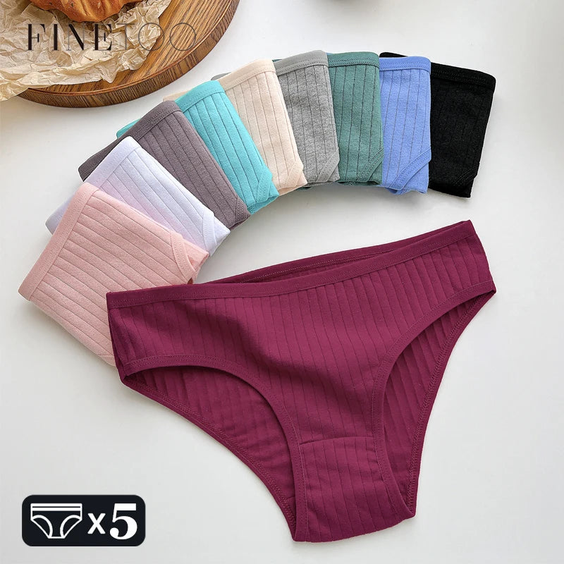 FINETOO 5PCS/SET Cotton Ribbed Striped Underwear for Women Plus Size 10 Soild Colours Stretch Briefs Ladies Soft Lingerie S-7XL