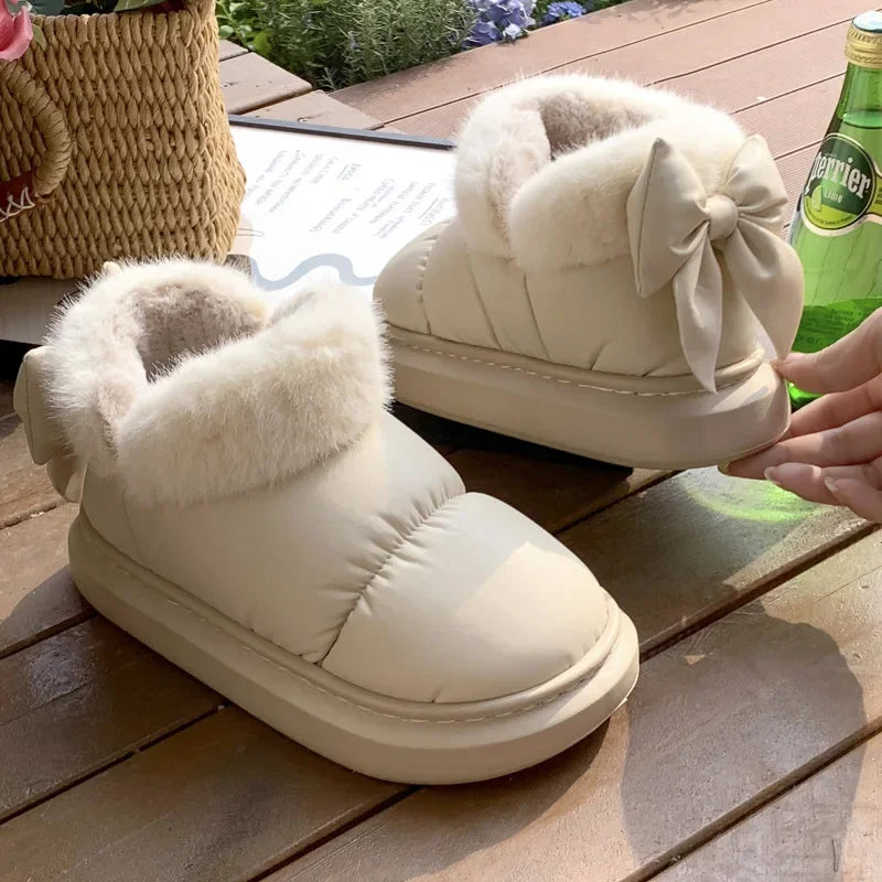 Cute Warm Ankle Boots Winter Women's Bow Warmth Plush Bow Cotton Shoes New Waterproof Down Cloth Short Barrel Snow Boots