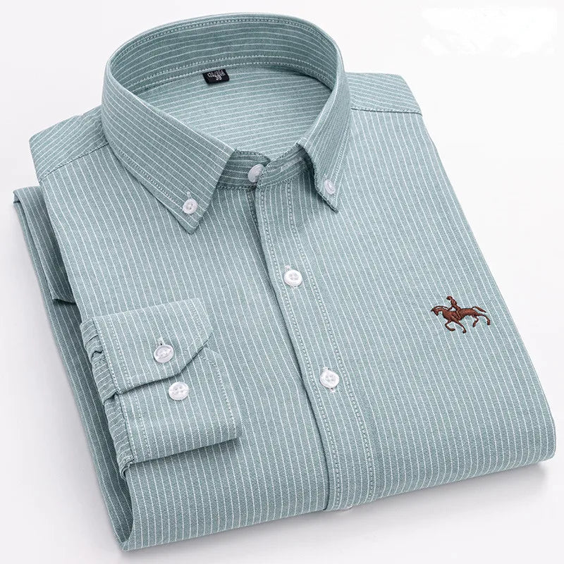 100% Cotton Oxford Shirt Men's Long Sleeve Embroidered Horse Casual Without Pocket