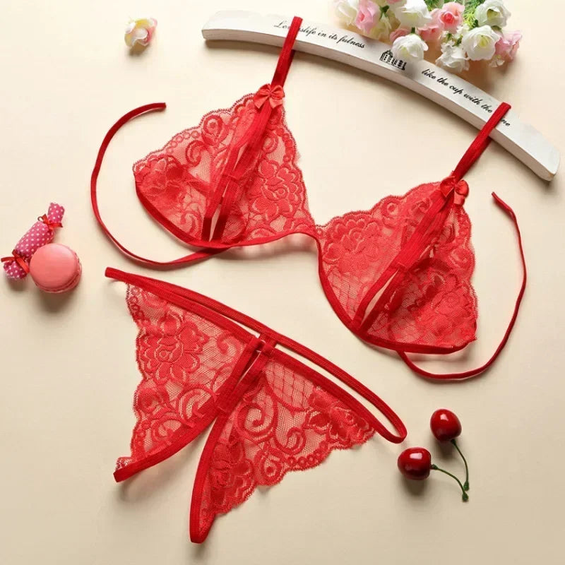 Sexy Non Padded Bra and Panties Set Tie Up Ultra Thin Underwear Couples for Date Night Open Crotch Thong Lingerie Set