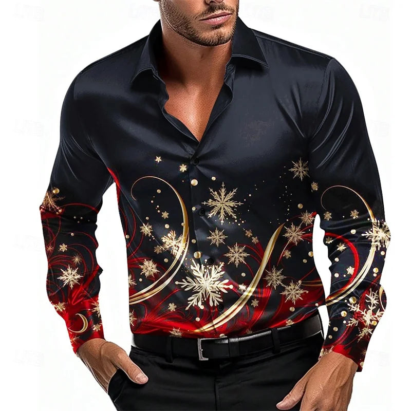 Christmas Men's Christmas Scene Printed Shirt Snowflake Casual Fashion Lapel Button Long Sleeve Party Autumn Shirt