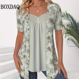 New Women T-Shirts Fashion Elegant Lady Two Pieces Flower Print Shirts Casual Short Sleeve Button Loose Tops Plus Size