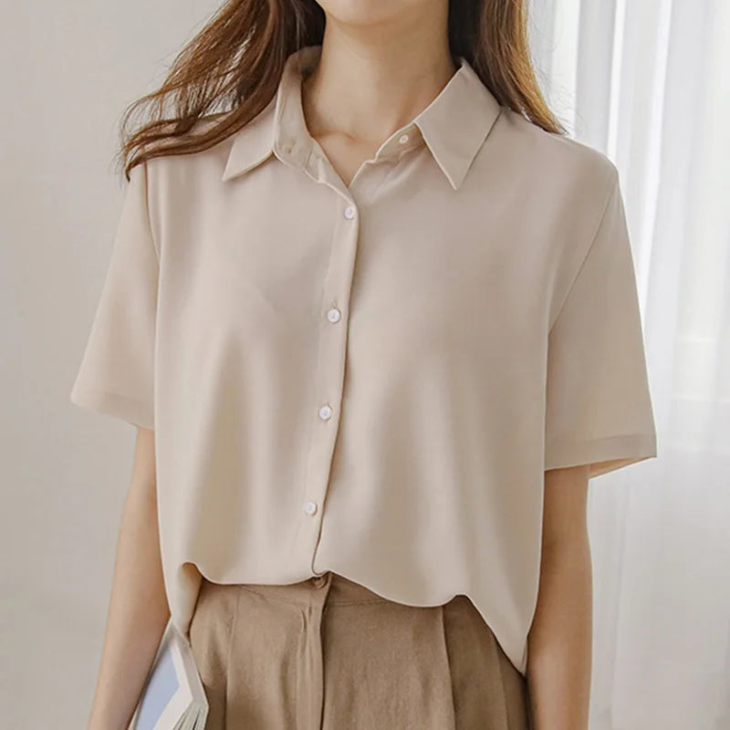 Women'S New Korean Chiffon Fashion Cardigan Top Female Summer Loose Thin Trend Slim Versatile Short Sleeve Lapel Neck Shirt