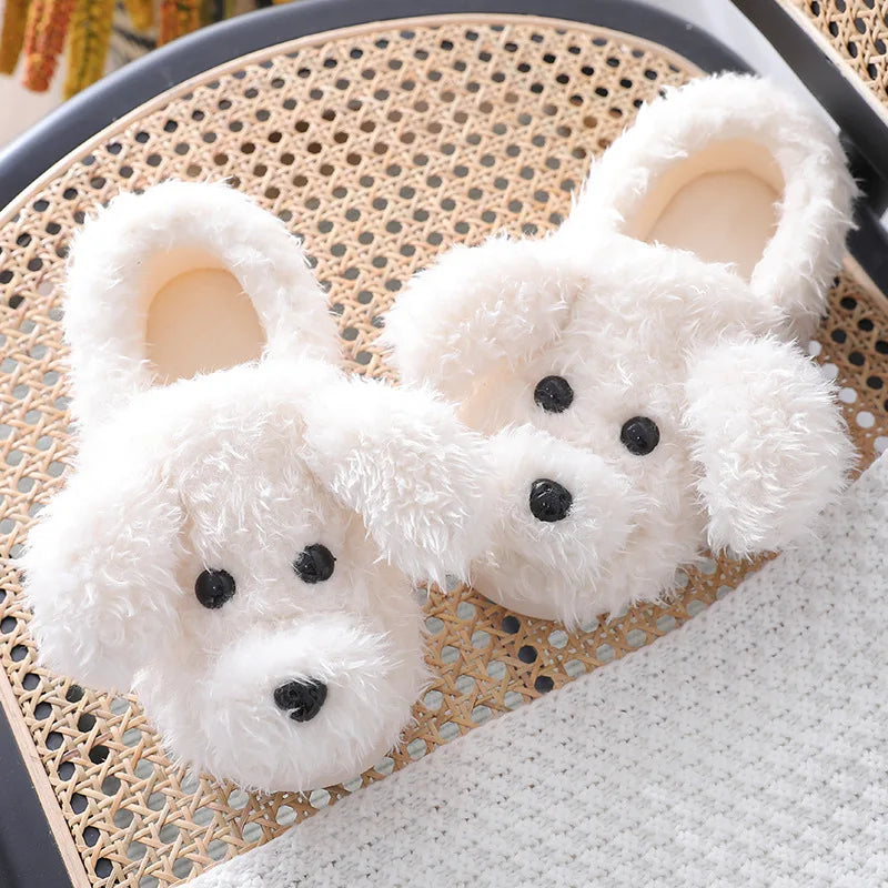 Comwarm Cute Dog Short Plush Slippers For Women Winter Warm Furry Cotton Shoes Couples Home Indoor Bedroom Cozy Slippers