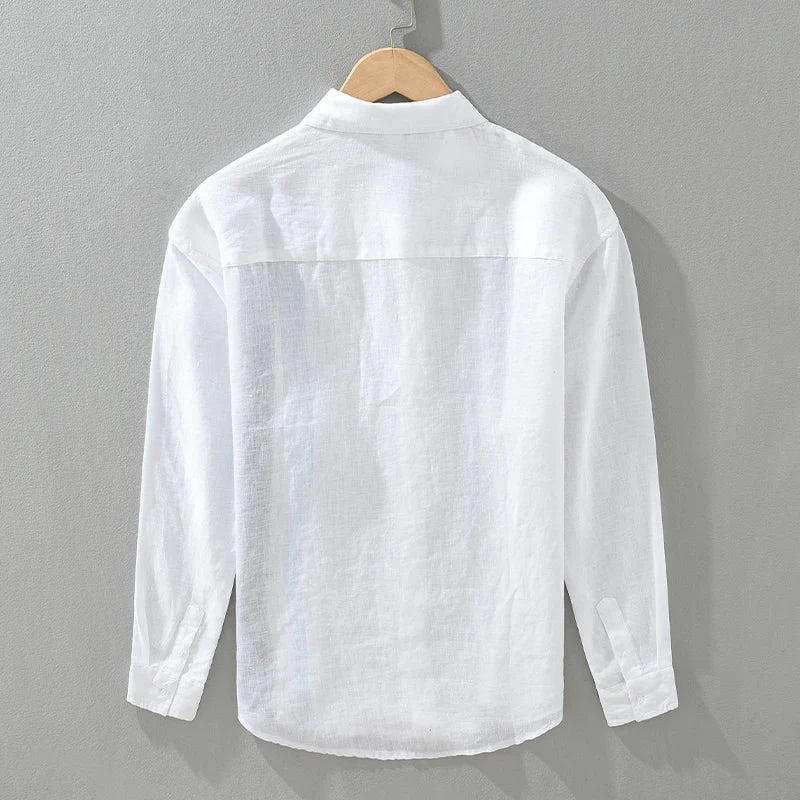 New 100% Linen Long Sleeve Shirt for Men Loose Shirts No Bounce Fashion Striped Patchwork Men's Clothing