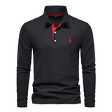 AIOPESON Deer Embroidery Men's Polo Shirts Solid Color Long Sleeve Polo Shirts for Men New Spring Social Business Polos Male