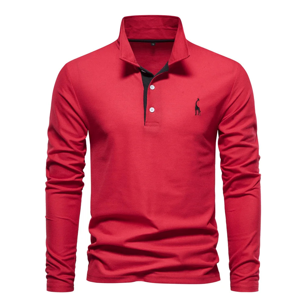 AIOPESON Deer Embroidery Men's Polo Shirts Solid Color Long Sleeve Polo Shirts for Men New Spring Social Business Polos Male