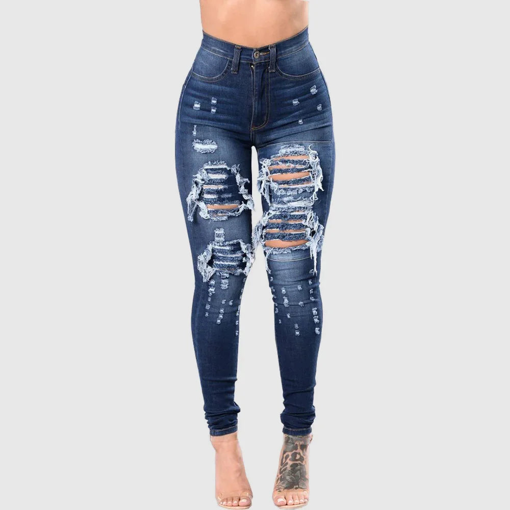 HOLE Denim Women High Waist Ripped Jeans for Women Skinny Black Pockets Jeans Woman Elastic Slim Jean Female Femme Pants