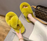 Fashion One Word Thick Fur Slippers Double Fur Slippers Casual Home Cotton Shoes for Women Flat Plush Cross Straps Slippers