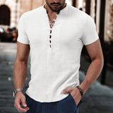 Fashionable men's new 13 button short sleeve cotton linen shirt casual beach style street top