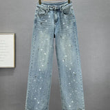 Rhinestone XINGX Pendant Design High Waist Wash Jeans Women's Summer Loose Slimming and All-Matching Straight-Leg Pants