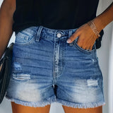 Blue Frayed Hem Denim Shorts, Ripped Holes Slash Pockets Short Denim Pants, Women's Denim Jeans & Clothing